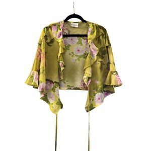 Sharagano Paris Green Floral Ruffled Sheer Wrap Top With Tie Closure Womens Smal
